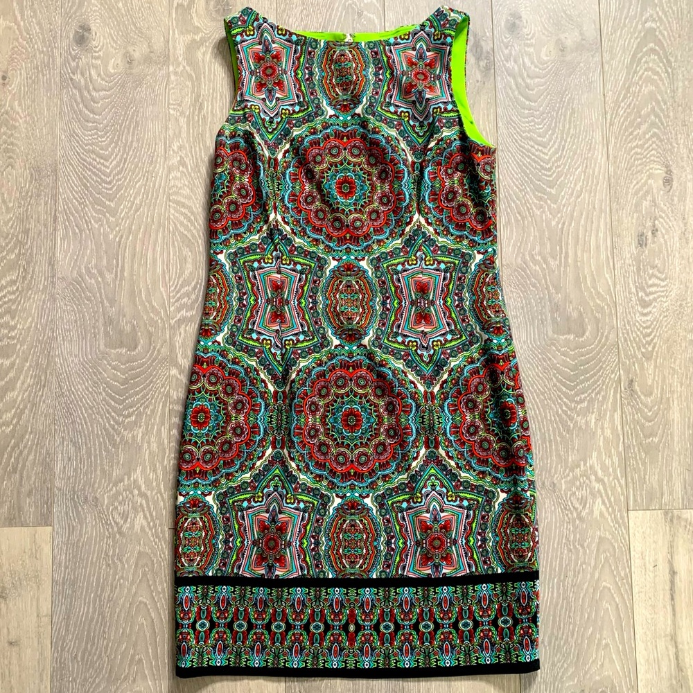 London Times Dress Women Size 8 Sheath Colorful Pattern Sleeveless Midi